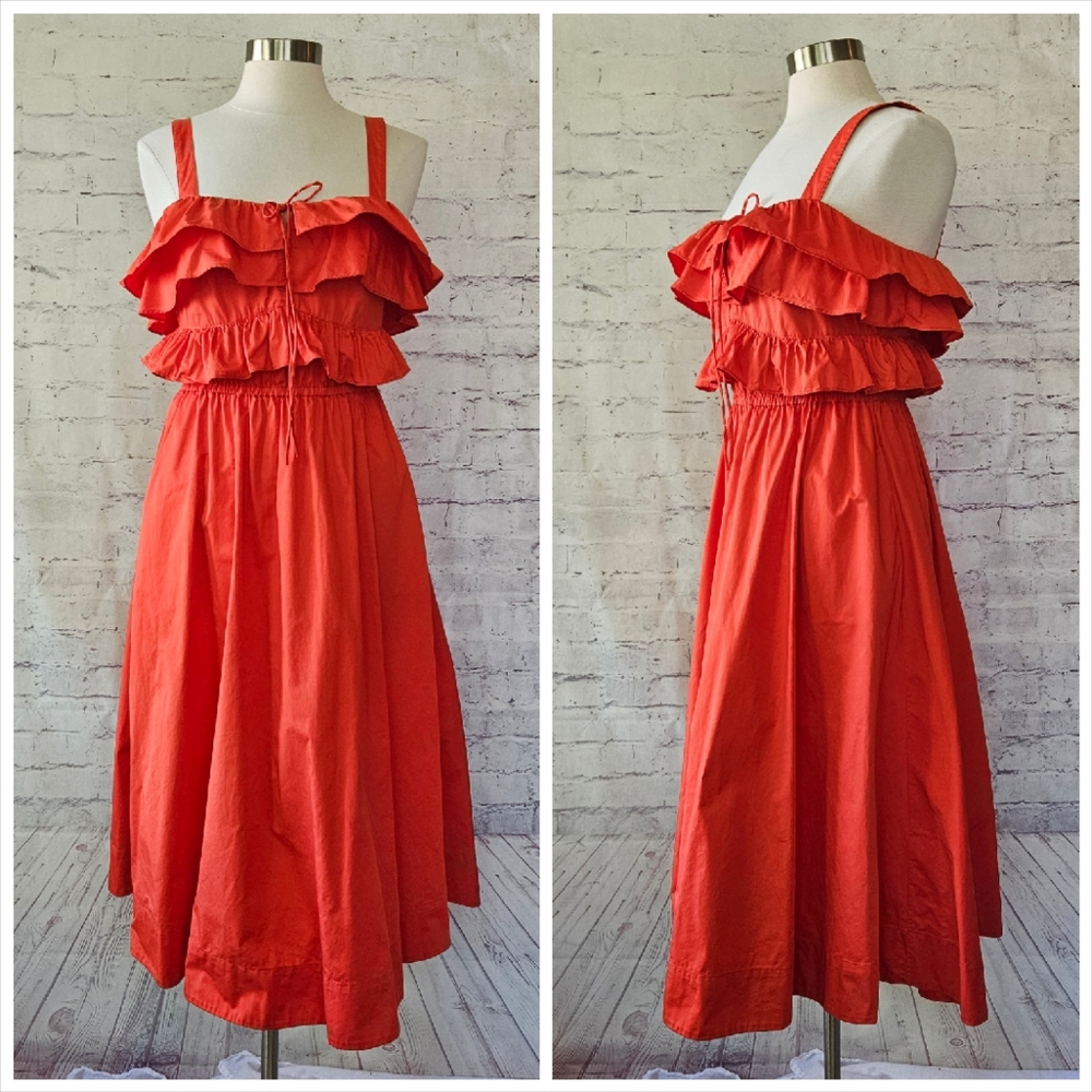 Jason Wu Cotton Poplin Ruffle Fit & Flare Midi Dress Firecracker Red 10